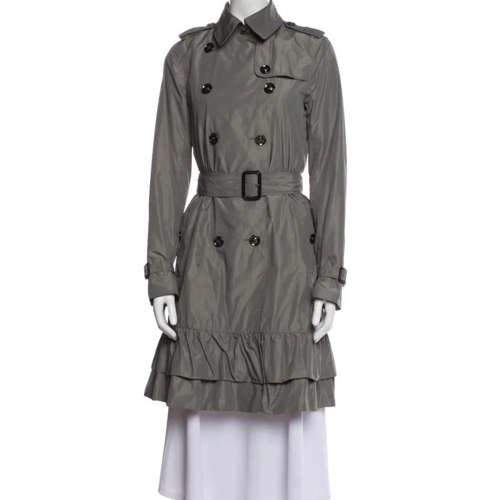 Burberry London Double Breasted Belted Gray Green Ruffled Trench Coat Sz US 6 - Picture 1 of 16